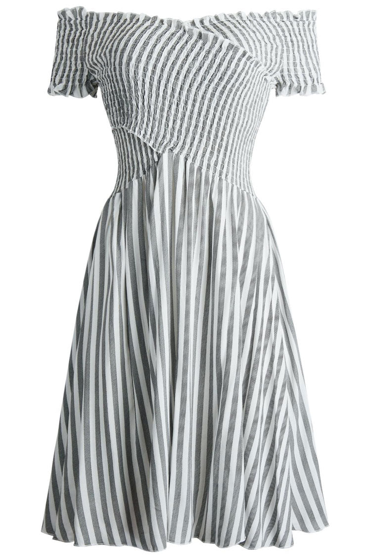 Breezy Off Shoulder Striped Printed Smocked Summer Mini Sundress - Gray - Fashionpara