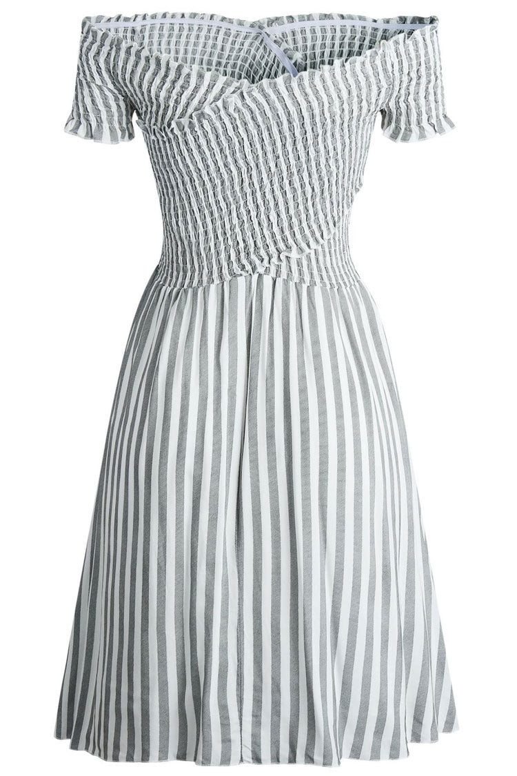 Breezy Off Shoulder Striped Printed Smocked Summer Mini Sundress - Gray - Fashionpara