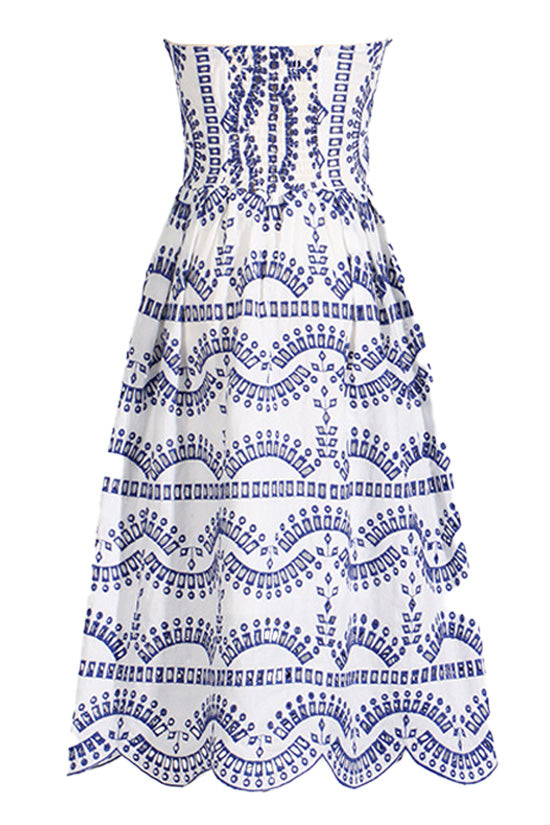 Breezy Smocked Strapless Broderie Anglaise Beach Vacation Midi Dress - Fashionpara