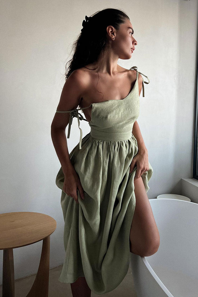 Breezy V Neck Tie Strap Fit & Flare Backless Summer Cotton Midi Sundress