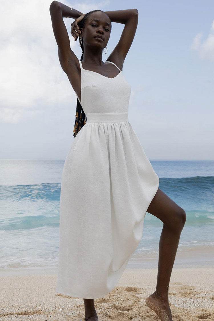 Breezy V Neck Tie Strap Fit & Flare Backless Summer Cotton Midi Sundress