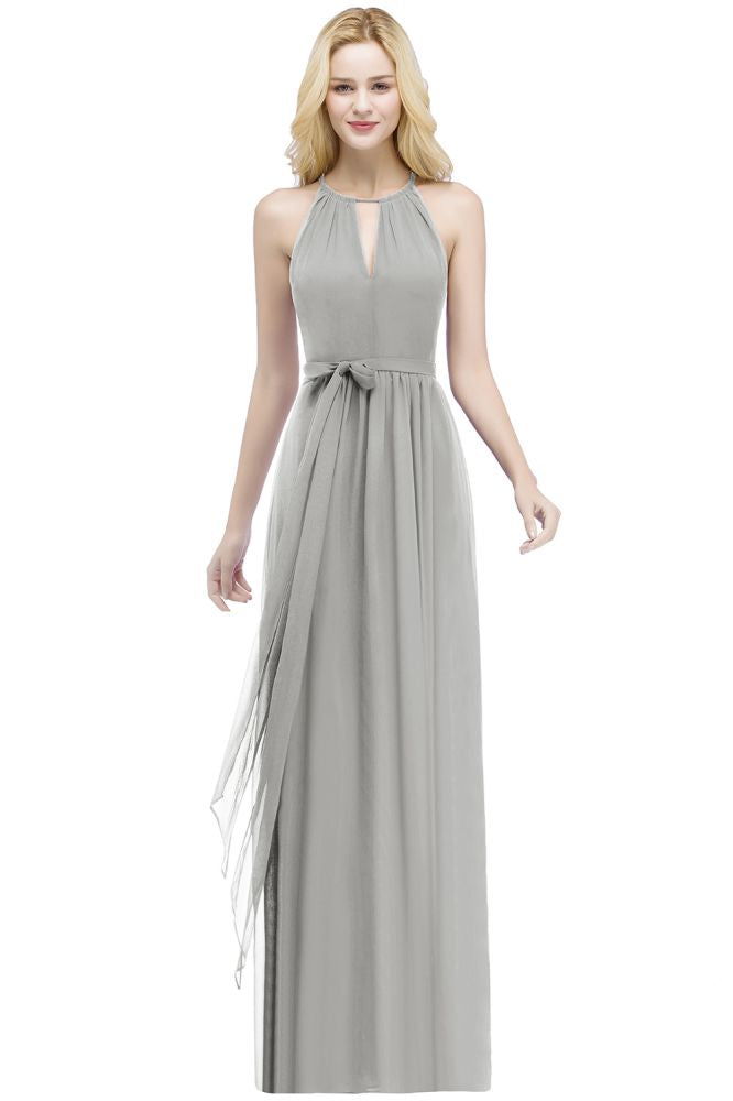 Beautiful A-Line Halter Floor Length Bridesmaid Dresses With Bow Sash