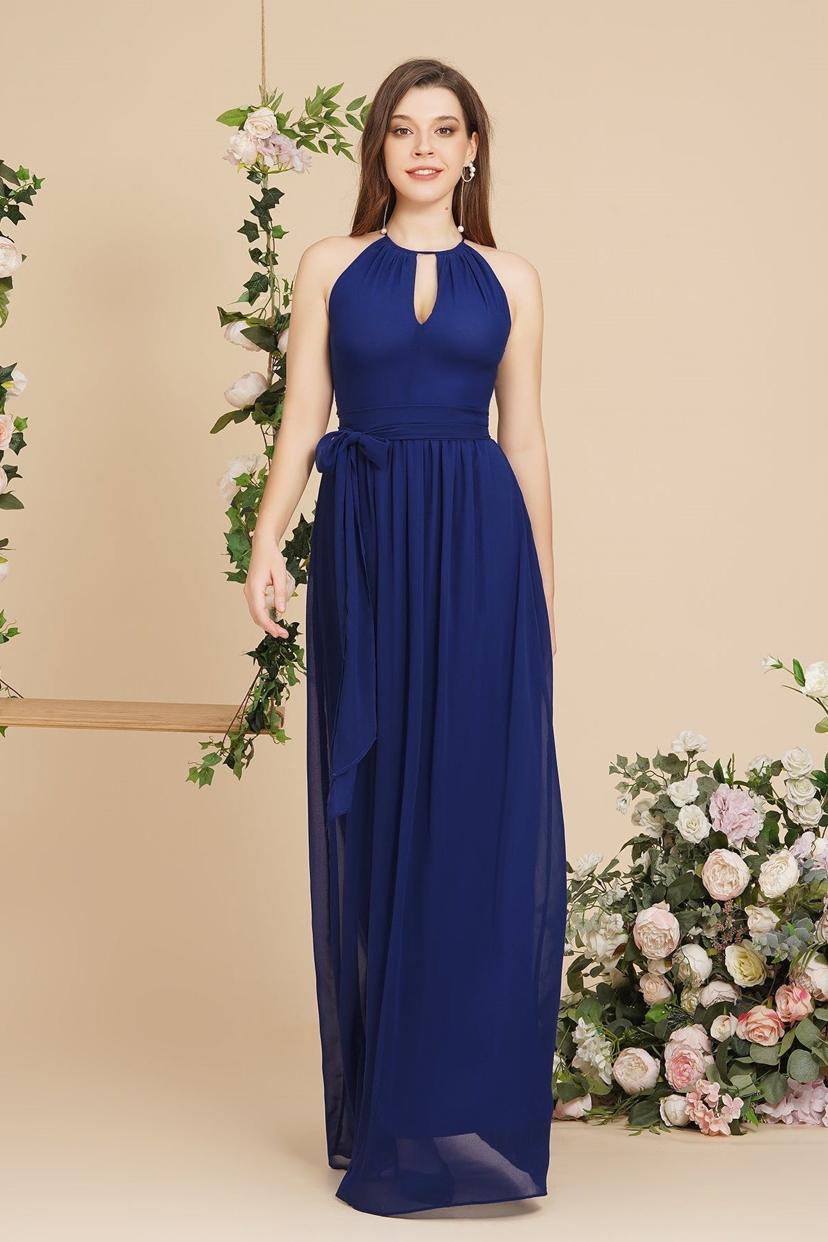 Beautiful A-Line Halter Floor Length Bridesmaid Dresses With Bow Sash