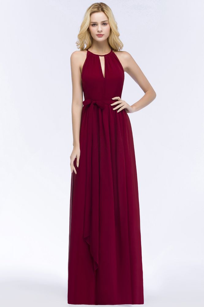 Beautiful A-Line Halter Floor Length Bridesmaid Dresses With Bow Sash