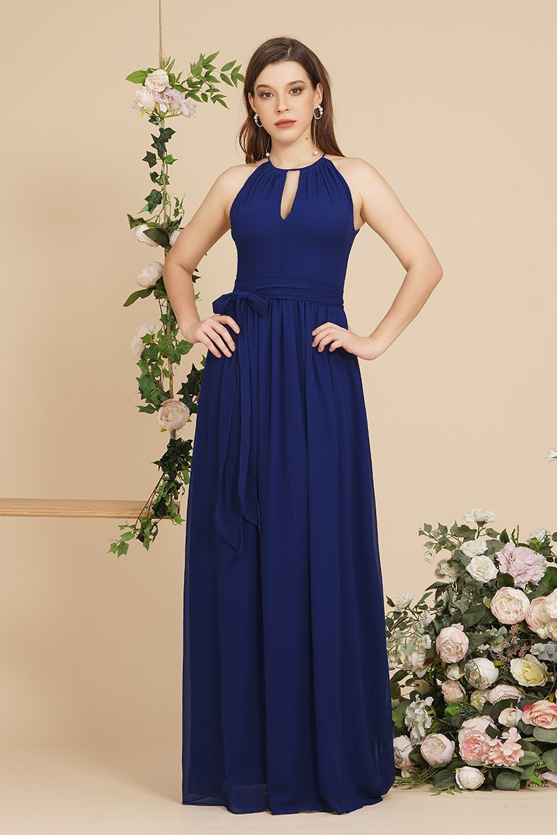 Beautiful A-Line Halter Floor Length Bridesmaid Dresses With Bow Sash