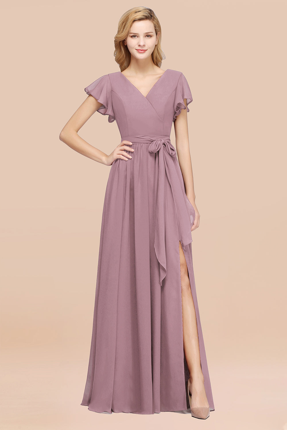 Burgundy V-Neck Long Bridesmaid Dresses With Short-Sleeves