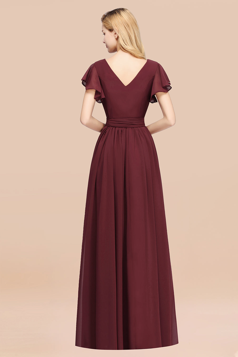 Burgundy V-Neck Long Bridesmaid Dresses With Short-Sleeves