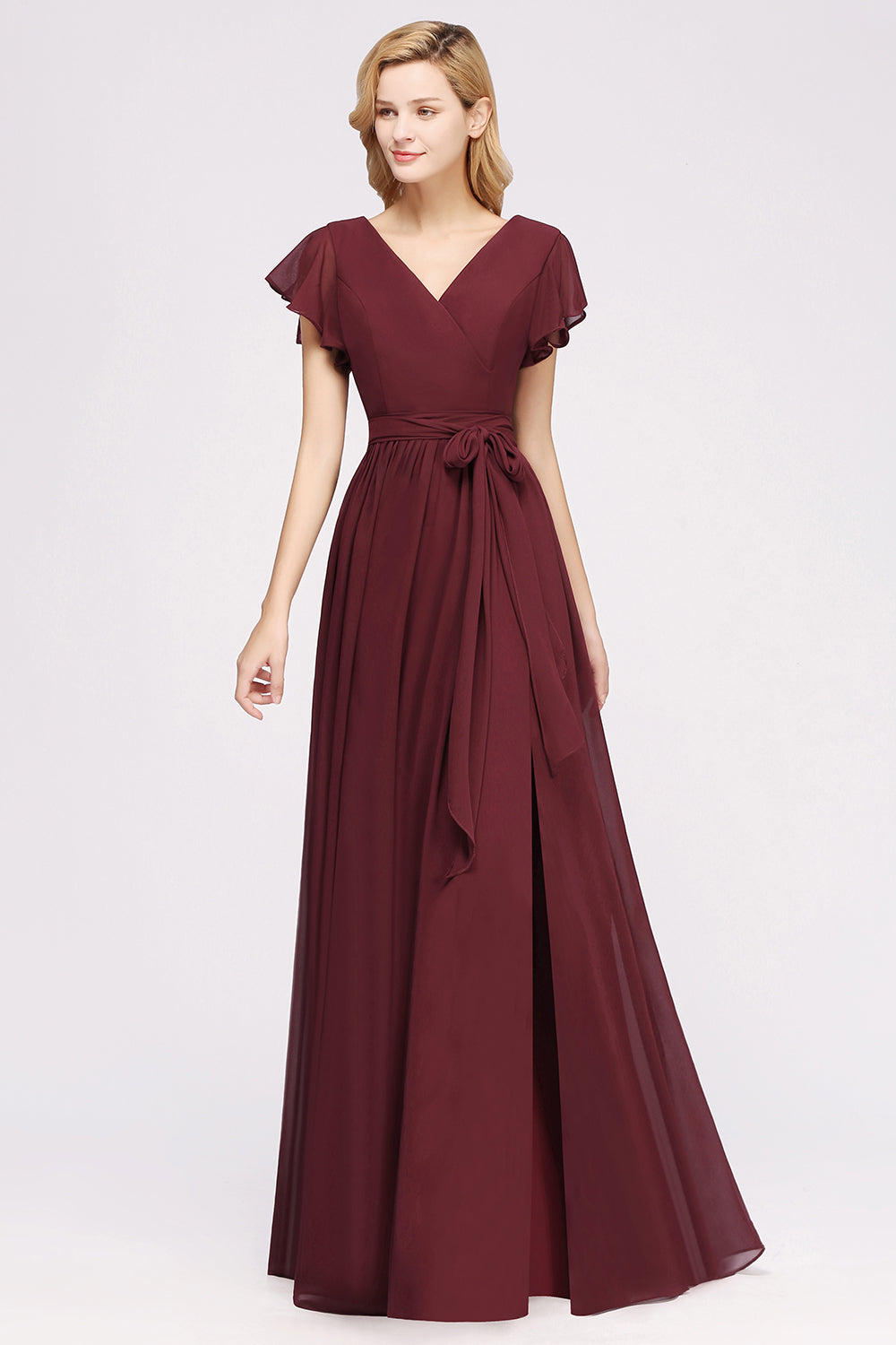 Burgundy V-Neck Long Bridesmaid Dresses With Short-Sleeves