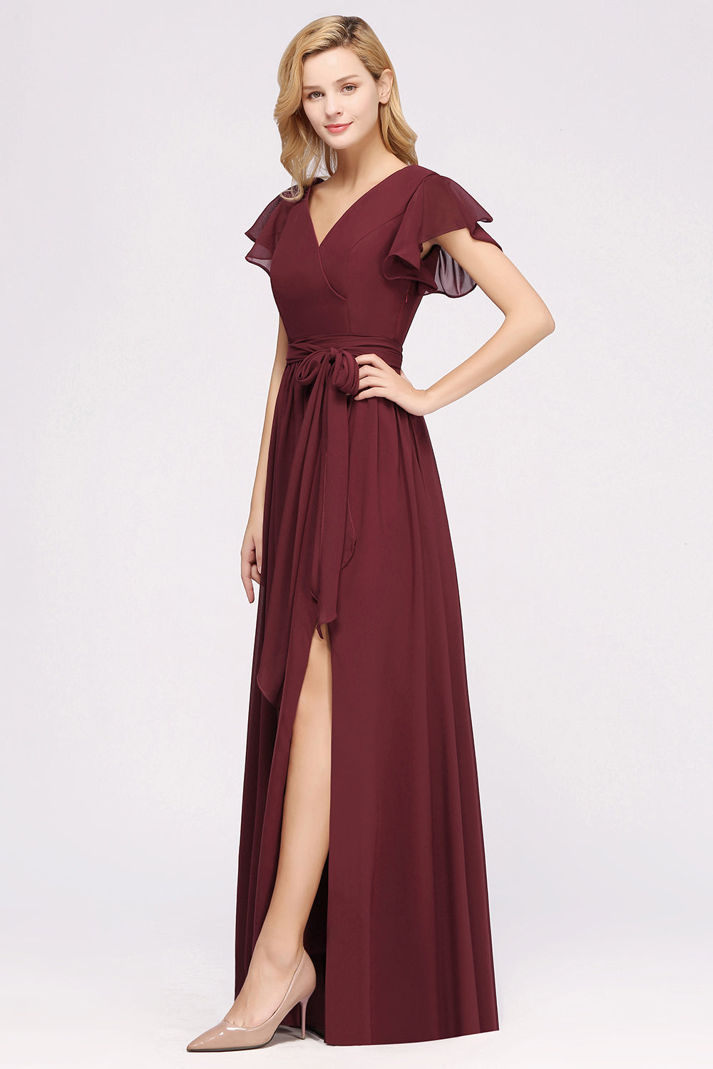 Burgundy V-Neck Long Bridesmaid Dresses With Short-Sleeves