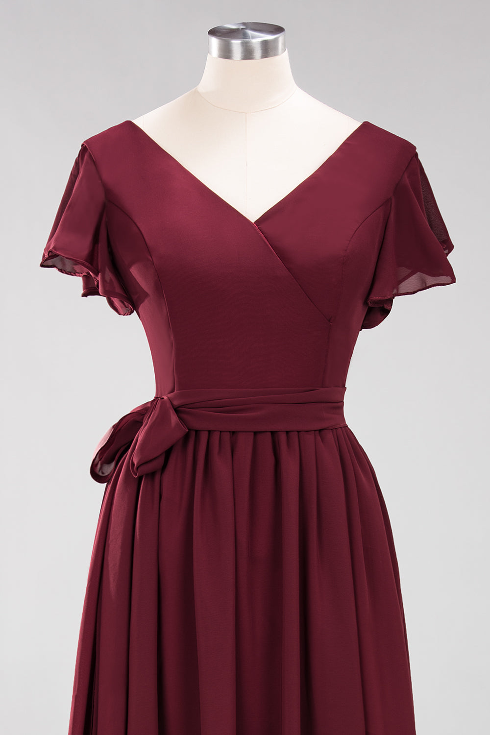 Burgundy V-Neck Long Bridesmaid Dresses With Short-Sleeves