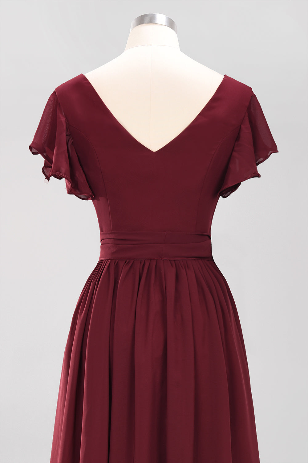 Burgundy V-Neck Long Bridesmaid Dresses With Short-Sleeves