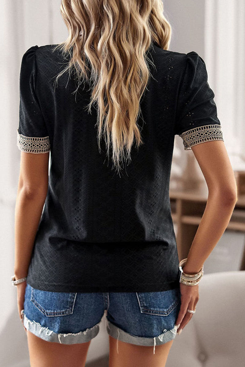 V Neck Patchwork Short Sleeve Casual T-Shirt