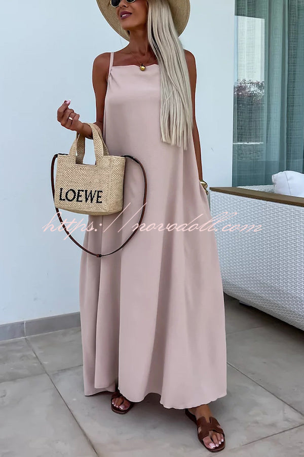 Long Story Solid Color Belted Pocket A-line Breathable Maxi Dress - Fashionpara