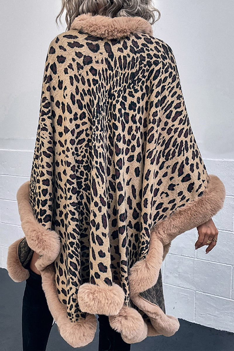 Fur Collar Leopard Shawl Sweater