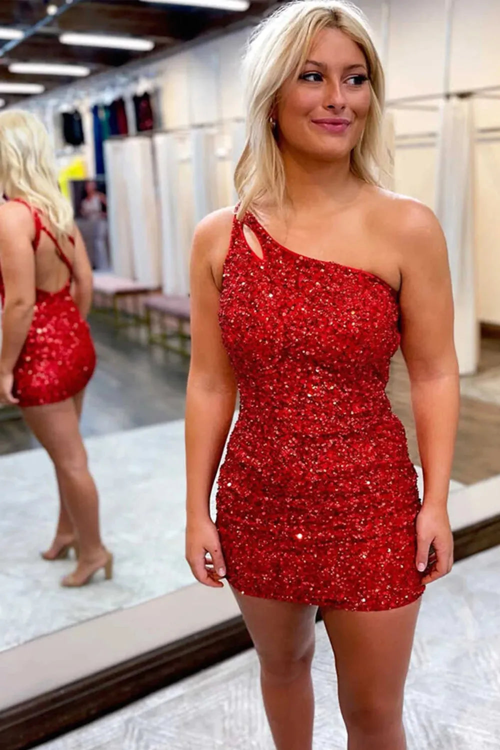 Magdalene Bodycon One-Shoulder Sequined Homecoming Dress