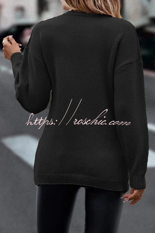 Solid Color V Neck Cross Jacquard Long Sleeved Sweater