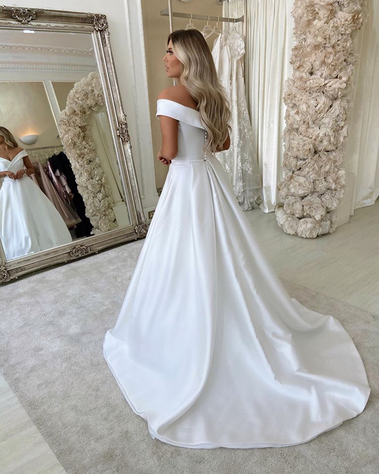 A-Line Off-the-Shoulder Satin Long Bridal Gown