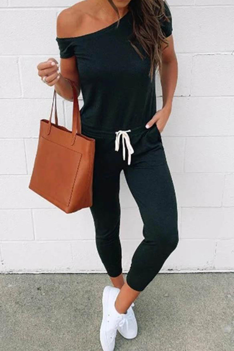 Short Sleeve Solid Color One Shoulder Casual Wear Jumpsuit