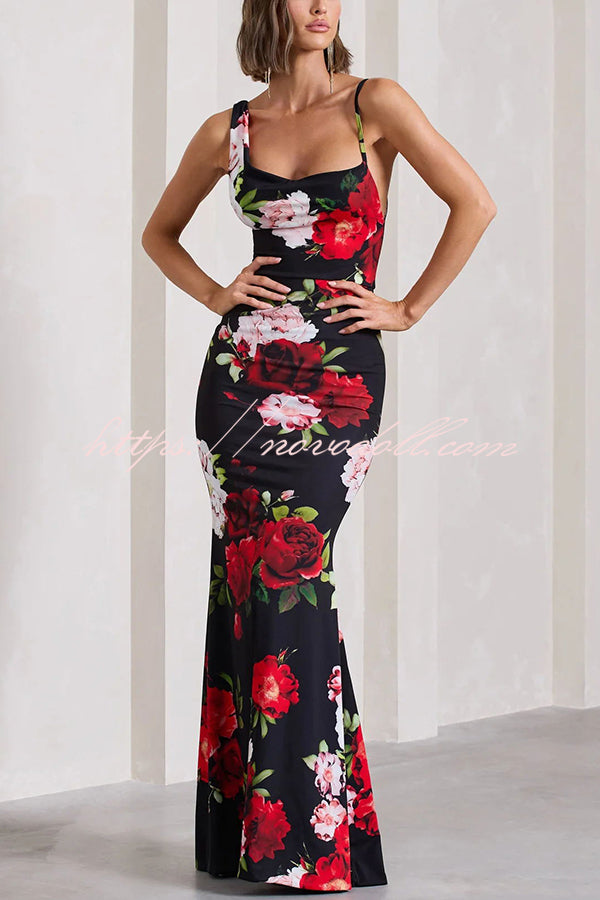 Keep Blooming Floral Print Asymmetric Cowl Neckline Stretch Maxi Dress - Fashionpara