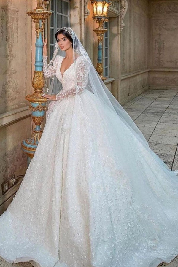 A-Line Deep V-Neck Long Sleeve Train Bridal Gown with Lace Appliques