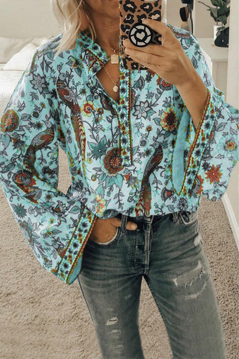 Vintage Print Loose Button Long Sleeve Shirt