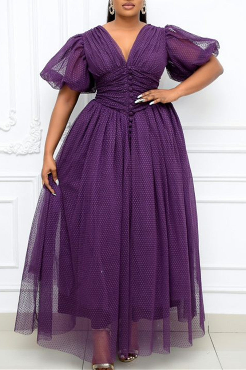 Plus Size Elegant Lace Sheer Polka Dot A-line Puff Sleeve Retro Maxi Dress