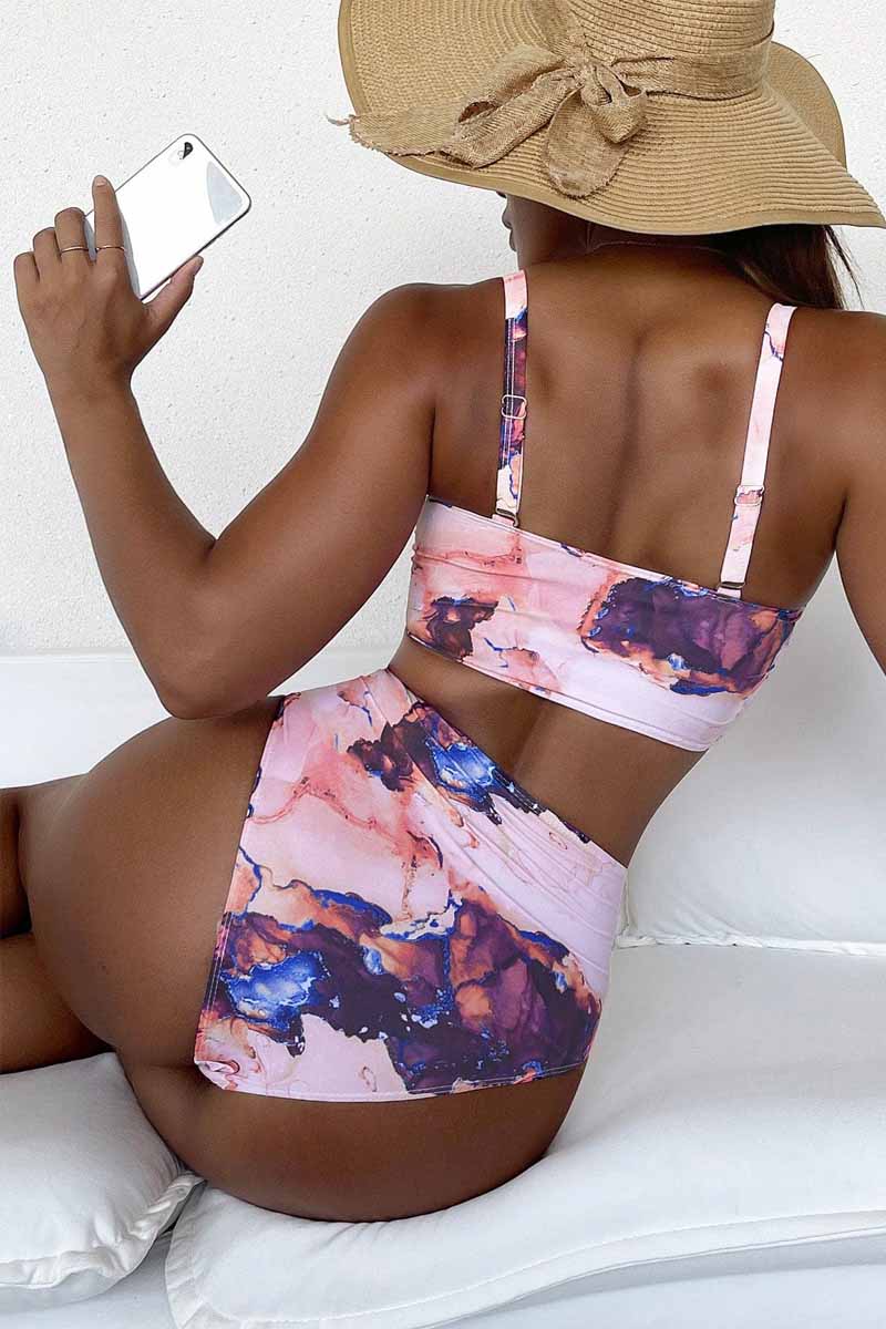 Marble Print Ruched Push Up Two Piece Swimsuit