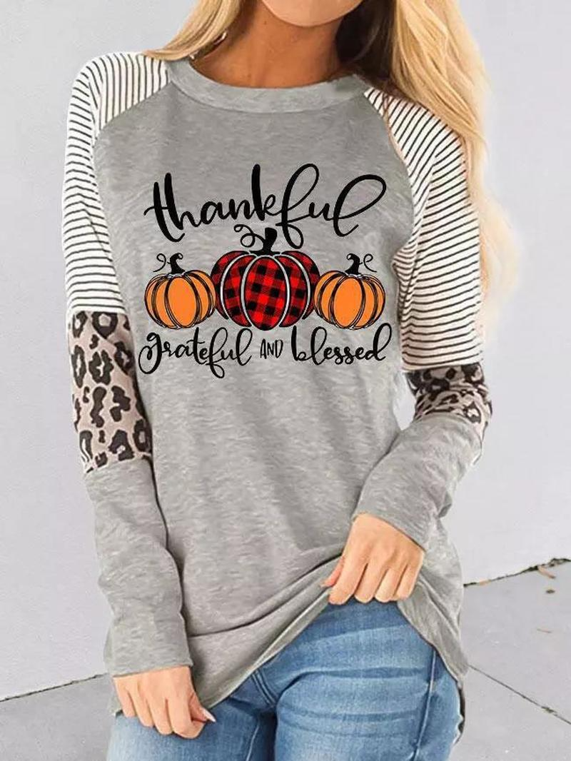 Thankful Striped Leopard Splicing Plaid Pumpkin Blouse