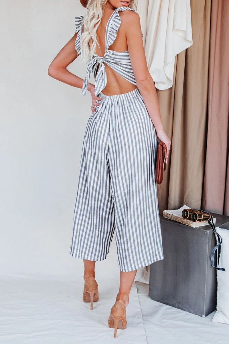 Flip Side Pocketed Striped Ruffle Jumpsuit