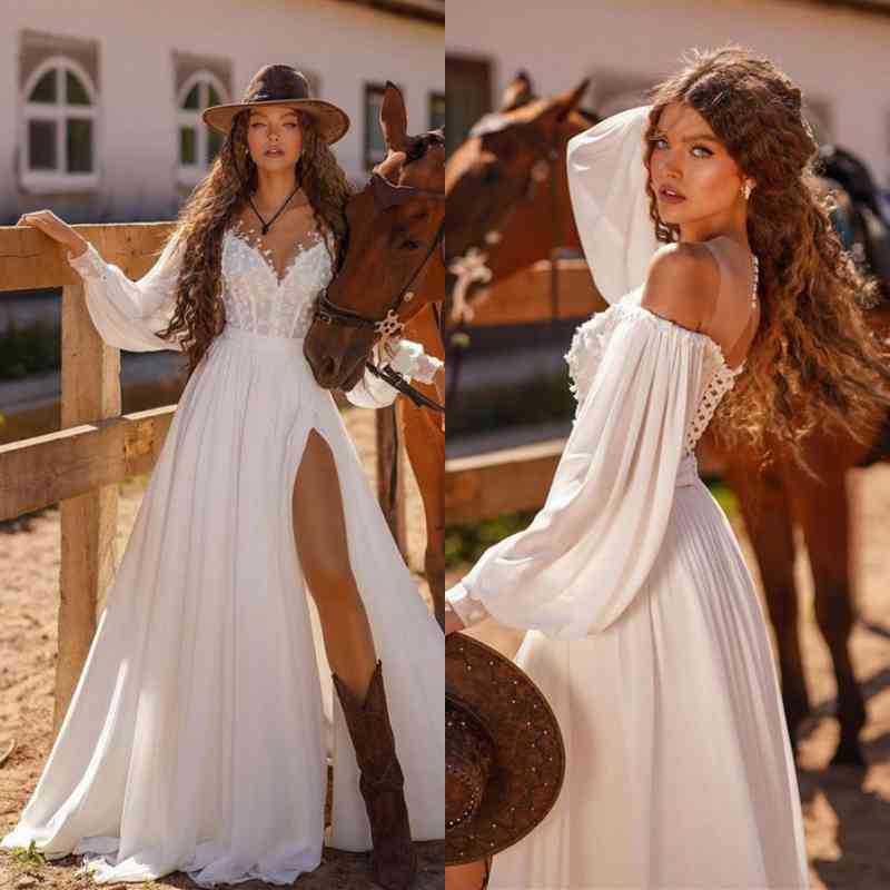 White Long Sleeve Bridal Gown with Lace and Split