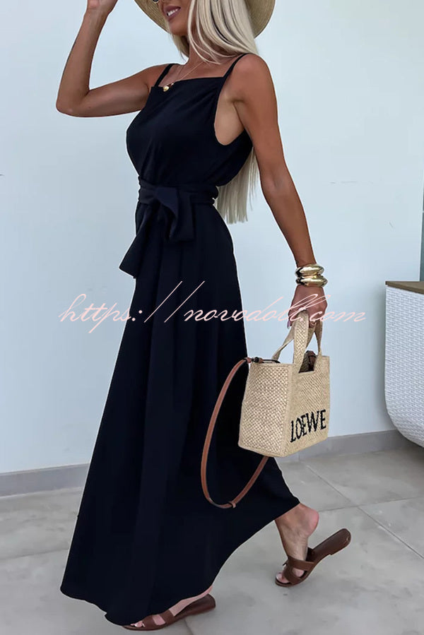 Long Story Solid Color Belted Pocket A-line Breathable Maxi Dress - Fashionpara