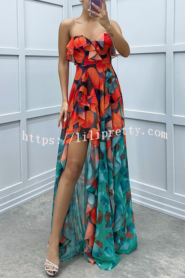 Loving Moment Gradient Unique Print Flowing Layered Ruffles Strapless Slit Maxi Dress - Fashionpara