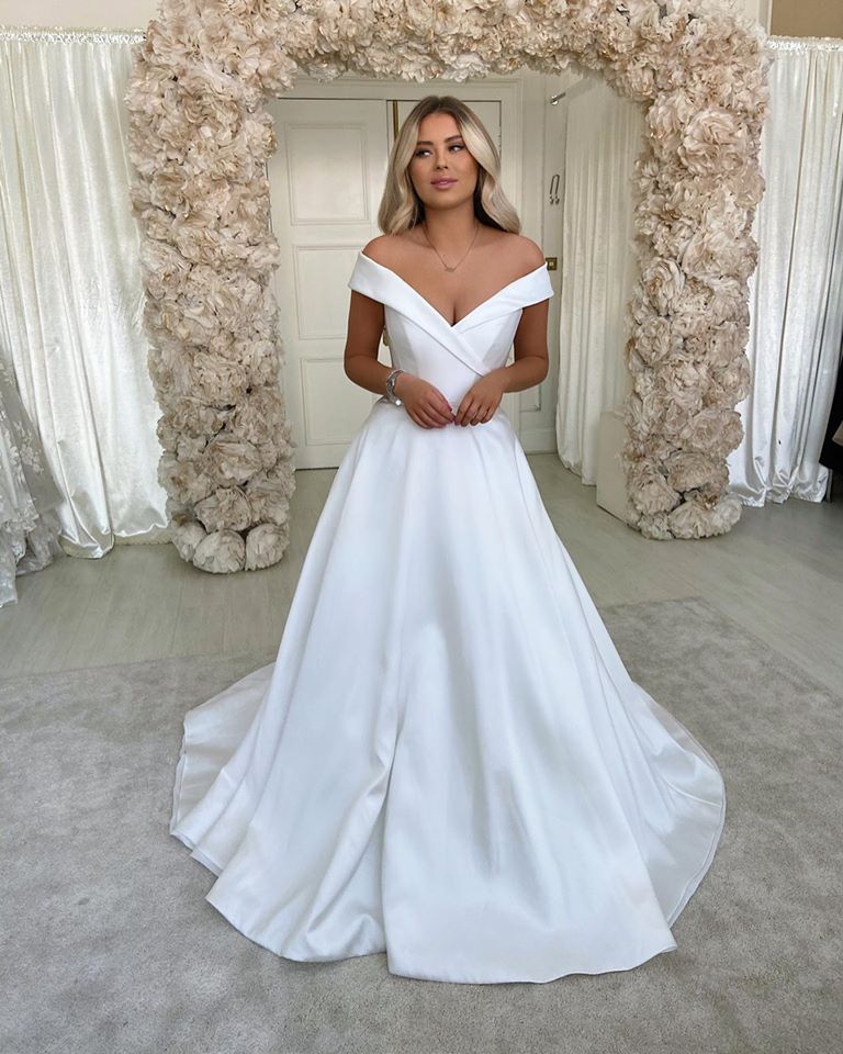 A-Line Off-the-Shoulder Satin Long Bridal Gown