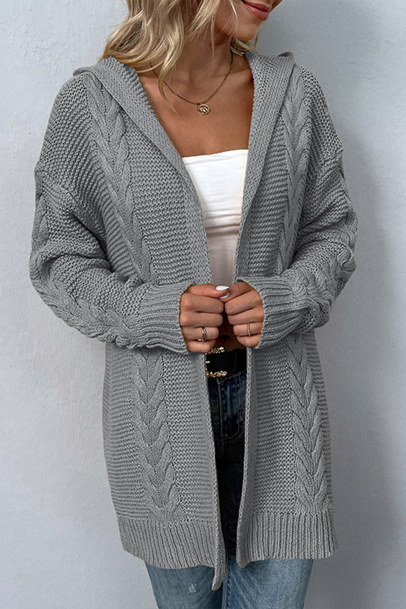 Solid Color Hooded Twist Cardigan Sweater