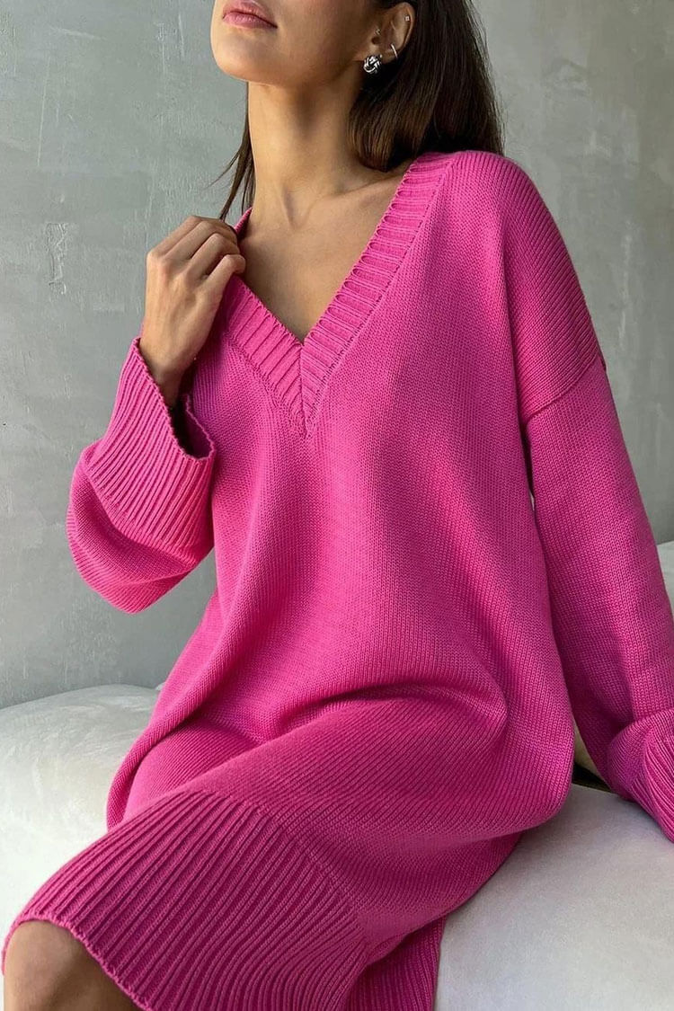 Casual Deep V Long Sleeve Shift Winter Oversized Sweater Mini Dress - Hot Pink - Fashionpara