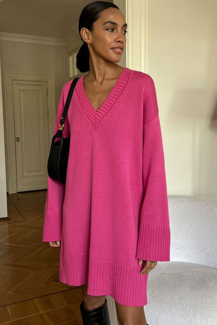 Casual Deep V Long Sleeve Shift Winter Oversized Sweater Mini Dress - Hot Pink - Fashionpara