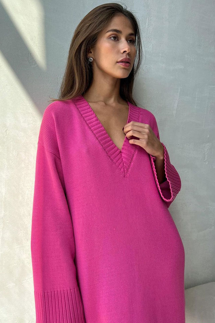 Casual Deep V Long Sleeve Shift Winter Oversized Sweater Mini Dress - Hot Pink - Fashionpara