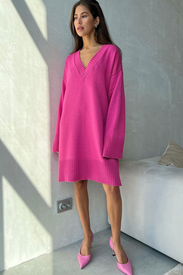 Casual Deep V Long Sleeve Shift Winter Oversized Sweater Mini Dress - Hot Pink - Fashionpara