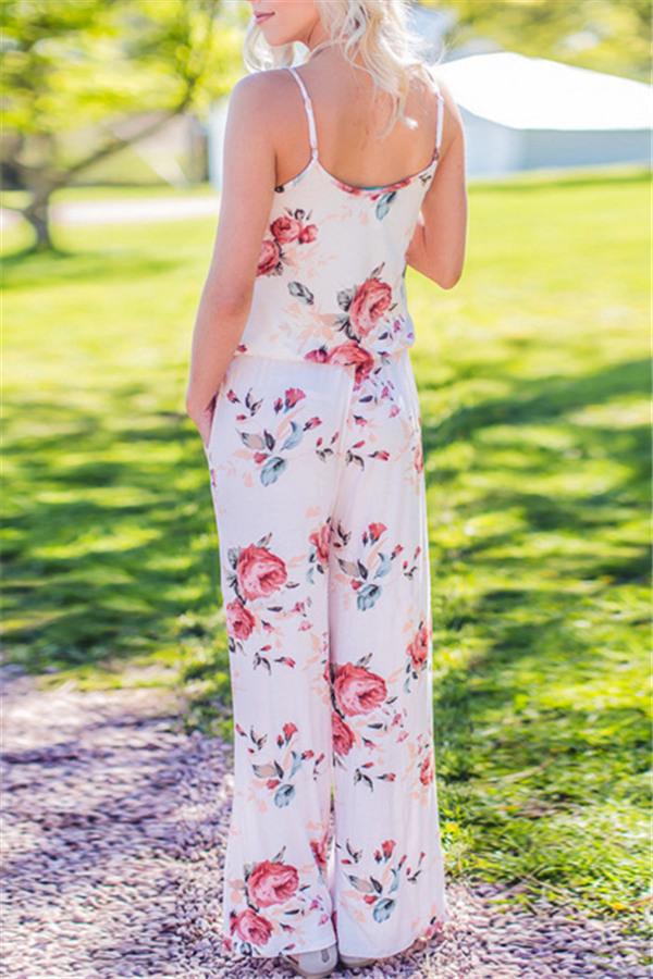 Casual Lace Up Floral Print Jumpsuit - Fashionpara