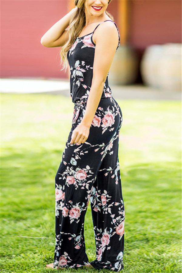 Casual Lace Up Floral Print Jumpsuit - Fashionpara