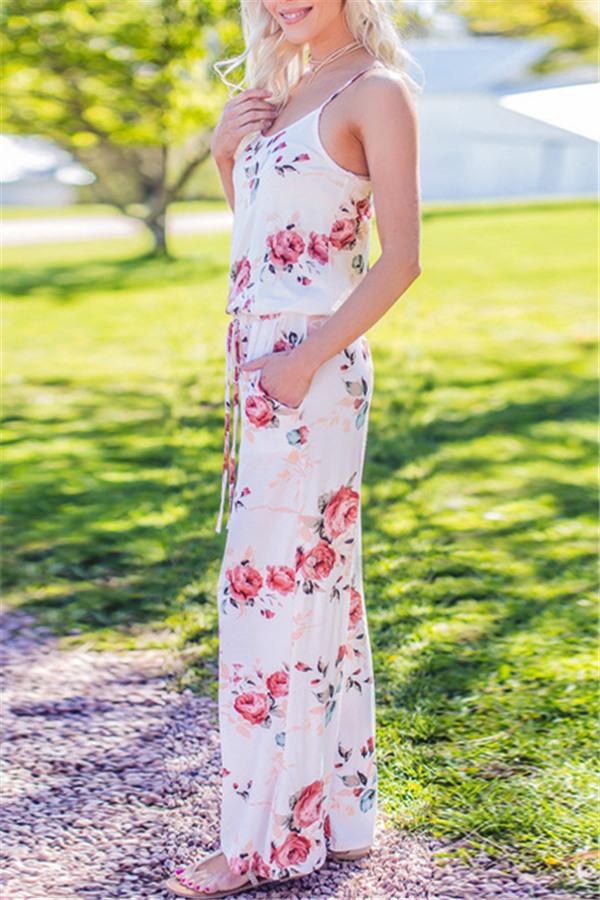 Casual Lace Up Floral Print Jumpsuit - Fashionpara