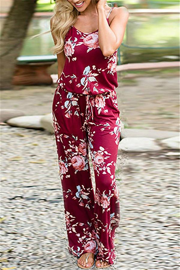 Casual Lace Up Floral Print Jumpsuit - Fashionpara