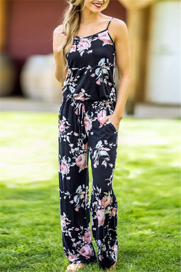 Casual Lace Up Floral Print Jumpsuit - Fashionpara