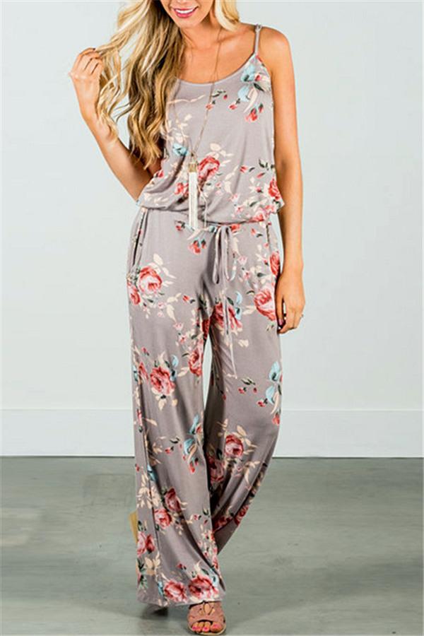 Casual Lace Up Floral Print Jumpsuit - Fashionpara