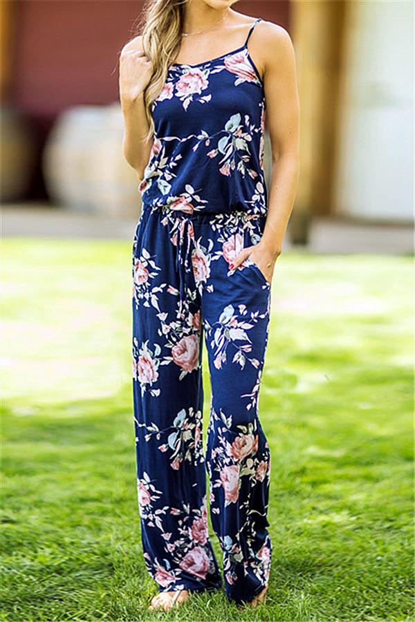 Casual Lace Up Floral Print Jumpsuit - Fashionpara