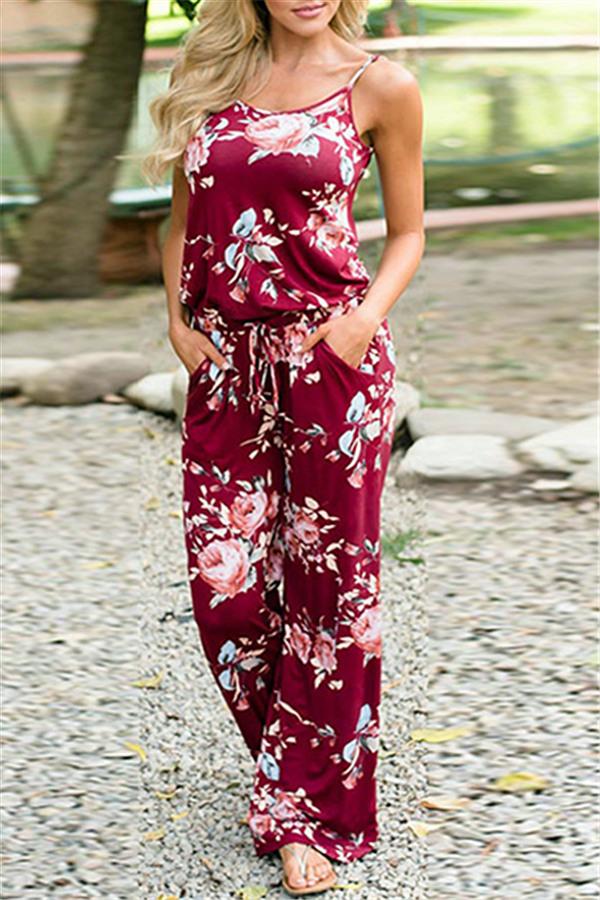 Casual Lace Up Floral Print Jumpsuit - Fashionpara