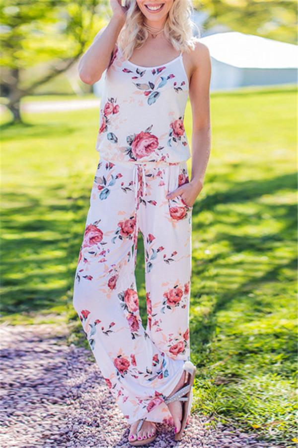 Casual Lace Up Floral Print Jumpsuit - Fashionpara