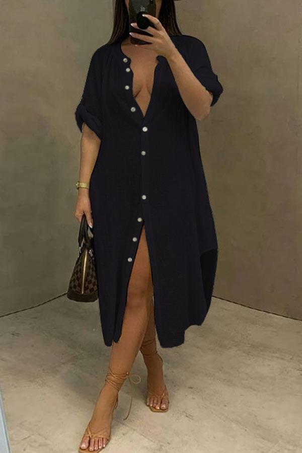 Casual Loose Shirt Solid Color Dress