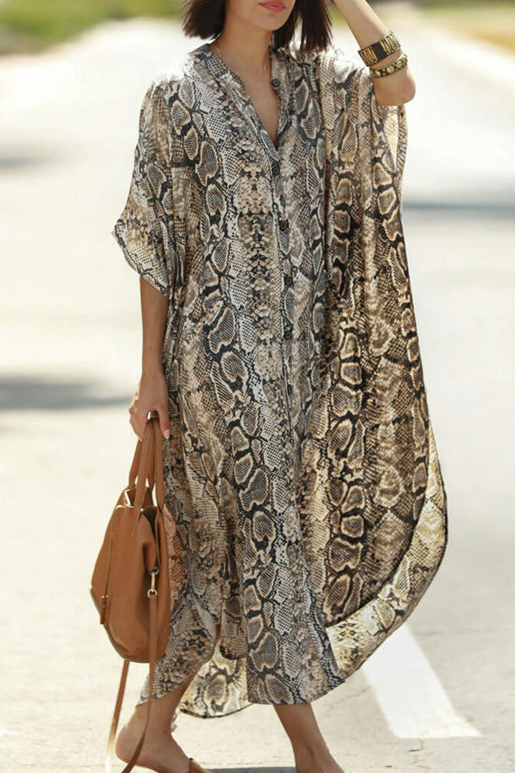 Casual Snake High Neck Button Down Maxi Cover Up Dress