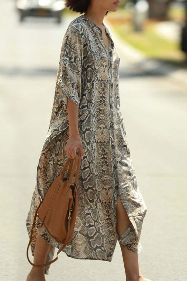 Casual Snake High Neck Button Down Maxi Cover Up Dress